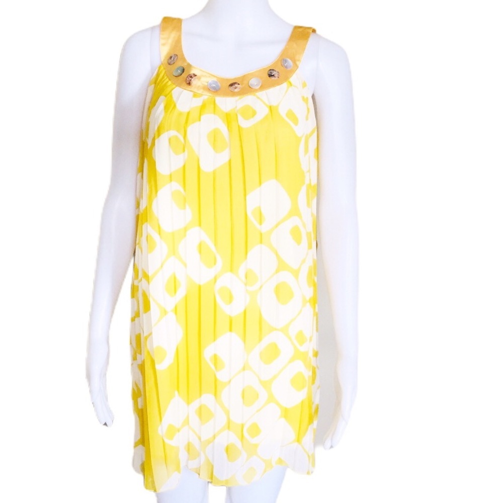 PINK MARTINI Mustard Yellow Swing Mini Dress Sheer Overlay Medium Boho - Picture 3 of 15